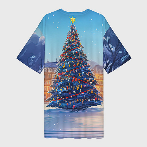 Женская длинная футболка Новогодняя площадь с елкой / 3D-принт – фото 2