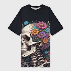 Женская длинная футболка Скелет среди цветов