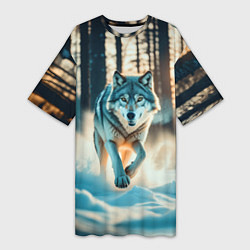 Женская длинная футболка Волк в темном лесу