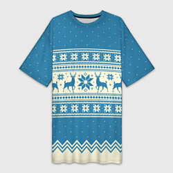 Футболка женская длинная Sweater with deer on a blue background, цвет: 3D-принт