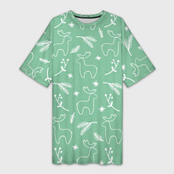 Женская длинная футболка Зеленый рождественский узор с оленями