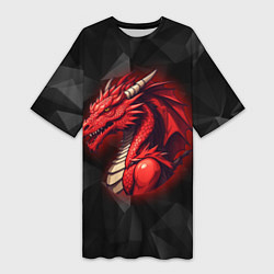 Женская длинная футболка Красный дракон на полигональном черном фоне