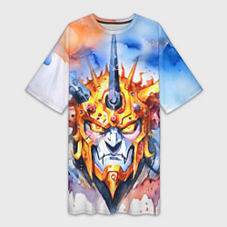 Футболка женская длинная Серьезный оранжевый робот акварель, цвет: 3D-принт