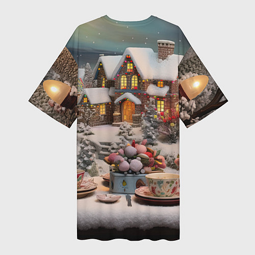 Женская длинная футболка Объемные новогодние домики / 3D-принт – фото 2