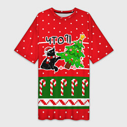 Футболка женская длинная Вредный котик роняет новогоднюю ёлку, цвет: 3D-принт