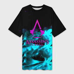 Футболка женская длинная Assassins Creed flame neon, цвет: 3D-принт