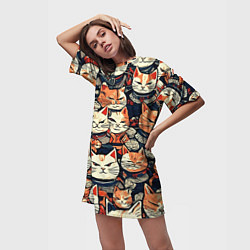 Футболка женская длинная Сердитые котики самураи, цвет: 3D-принт — фото 2