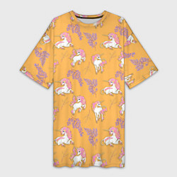 Футболка женская длинная Единорог цветная грива, цвет: 3D-принт