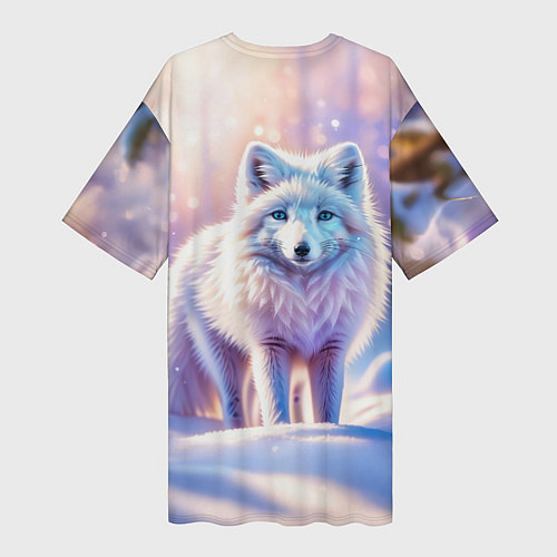 Женская длинная футболка Заснеженный зимний пейзаж с песцом / 3D-принт – фото 2