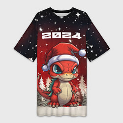 Футболка женская длинная Символ нового 2024 года маленький дракоша, цвет: 3D-принт