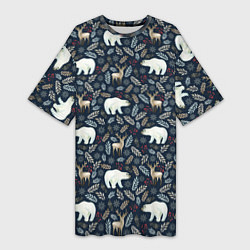 Женская длинная футболка Акварельные медведи и олени