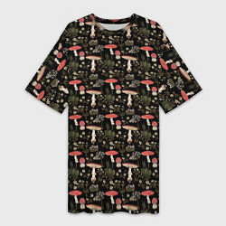 Футболка женская длинная Goblincore - мухоморы, цвет: 3D-принт