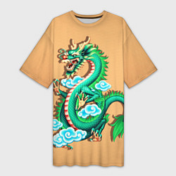 Женская длинная футболка Зелёный дракон на оранжевой текстуре