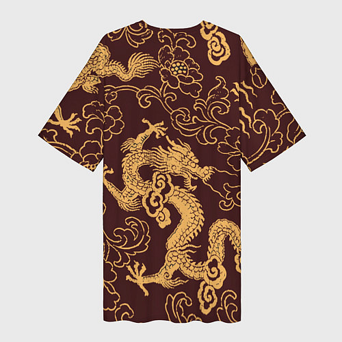 Женская длинная футболка Черно-золотая гравюра дракона / 3D-принт – фото 2