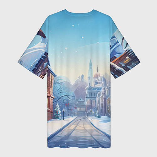 Женская длинная футболка Дракоша в новогоднем городке / 3D-принт – фото 2