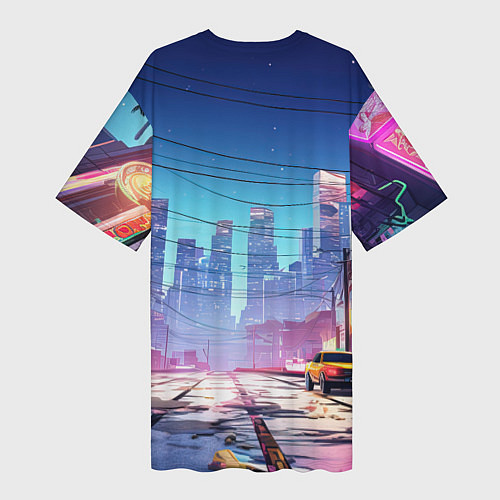 Женская длинная футболка GTA 6 неоновый город / 3D-принт – фото 2