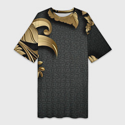 Футболка женская длинная Золотые объемные листья на сером фоне, цвет: 3D-принт