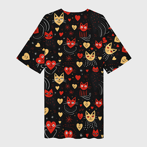 Женская длинная футболка Паттерн с сердечками и котами валентинка / 3D-принт – фото 2