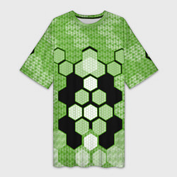 Футболка женская длинная Зелёная кибер броня hexagons, цвет: 3D-принт