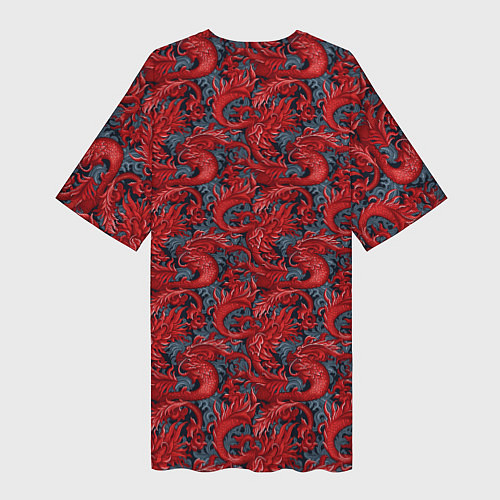 Женская длинная футболка Красные драконы паттерн / 3D-принт – фото 2