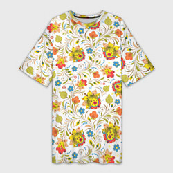 Женская длинная футболка Хохломская роспись разноцветные цветы на белом фон