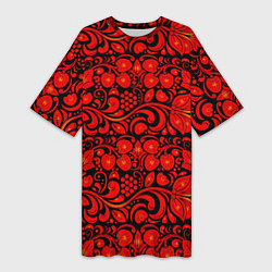 Женская длинная футболка Хохломская роспись красные цветы и ягоды на чёрном