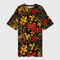 Женская длинная футболка Хохломская роспись золотистые листья чёрном фоне