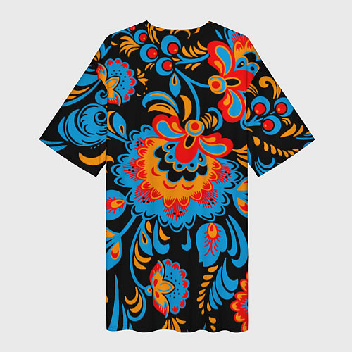 Женская длинная футболка Хохломская роспись разноцветные цветы на чёроном ф / 3D-принт – фото 2