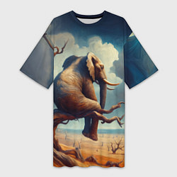 Женская длинная футболка Слон сидит на ветке дерева в пустыне