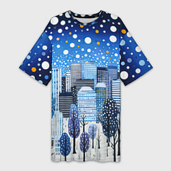 Женская длинная футболка Новогодний синий ночной город