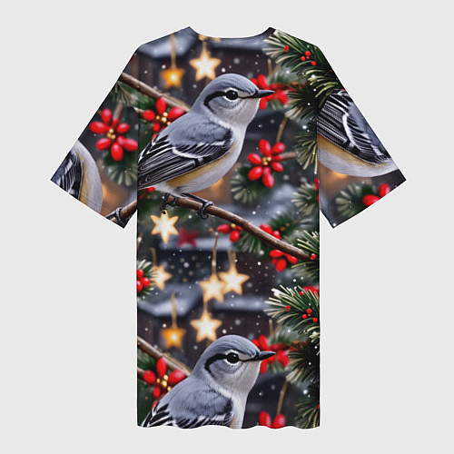 Женская длинная футболка Рождественская птица пересмешник / 3D-принт – фото 2