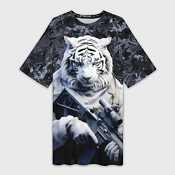 Женская длинная футболка Белый тигр солдат зима