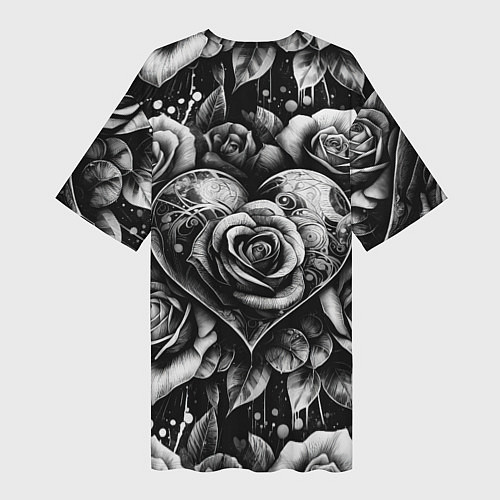 Женская длинная футболка Черно белое сердце и розы / 3D-принт – фото 2