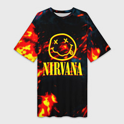 Женская длинная футболка Nirvana rock огненное лого лава