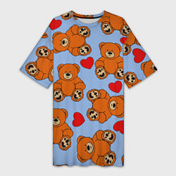 Женская длинная футболка Мишки и сердца на голубом фоне