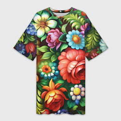 Женская длинная футболка Жостово роспись цветы традиционный узор