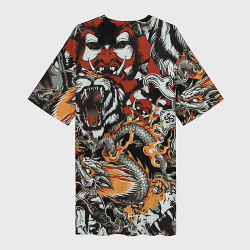 Женская длинная футболка Самурай дракон и тигр / 3D-принт – фото 2