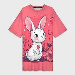 Футболка женская длинная Зайчик с цветочками и сердечками, цвет: 3D-принт
