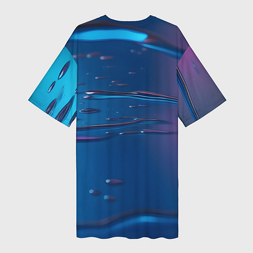 Женская длинная футболка Неоновая поверхность синяя с каплями воды / 3D-принт – фото 2