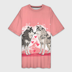Футболка женская длинная Влюбленные волки 14 февраля, цвет: 3D-принт
