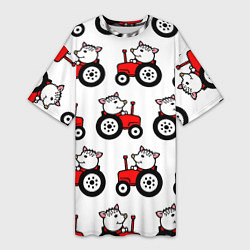 Женская длинная футболка Поросенок Пётр на красном тракторе