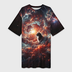 Женская длинная футболка Кот в облаках космической туманности