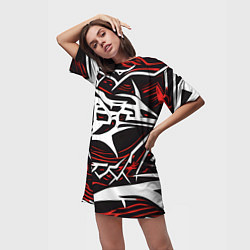 Футболка женская длинная Белые и красные агрессивные линии на чёрном фоне, цвет: 3D-принт — фото 2