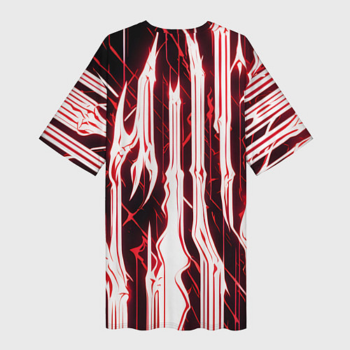 Женская длинная футболка Красные неоновые полосы на чёрном фоне / 3D-принт – фото 2