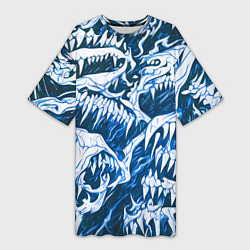 Футболка женская длинная Белые клыки на синем фоне, цвет: 3D-принт