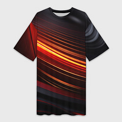 Женская длинная футболка Яркая оранжевая полосы на черной абстракции