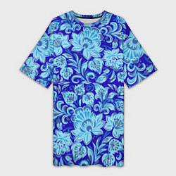Женская длинная футболка Узоры гжель на темно синем фоне
