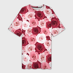 Футболка женская длинная Красные и розовые розы, цвет: 3D-принт