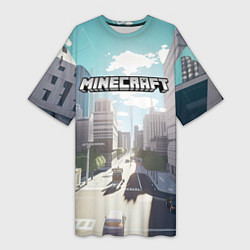 Футболка женская длинная Minecraft дневной город, цвет: 3D-принт