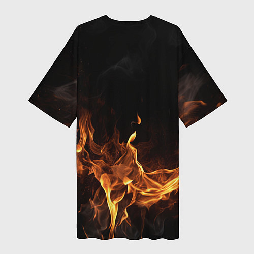 Женская длинная футболка Palworld логотип на черном фоне с огнем / 3D-принт – фото 2